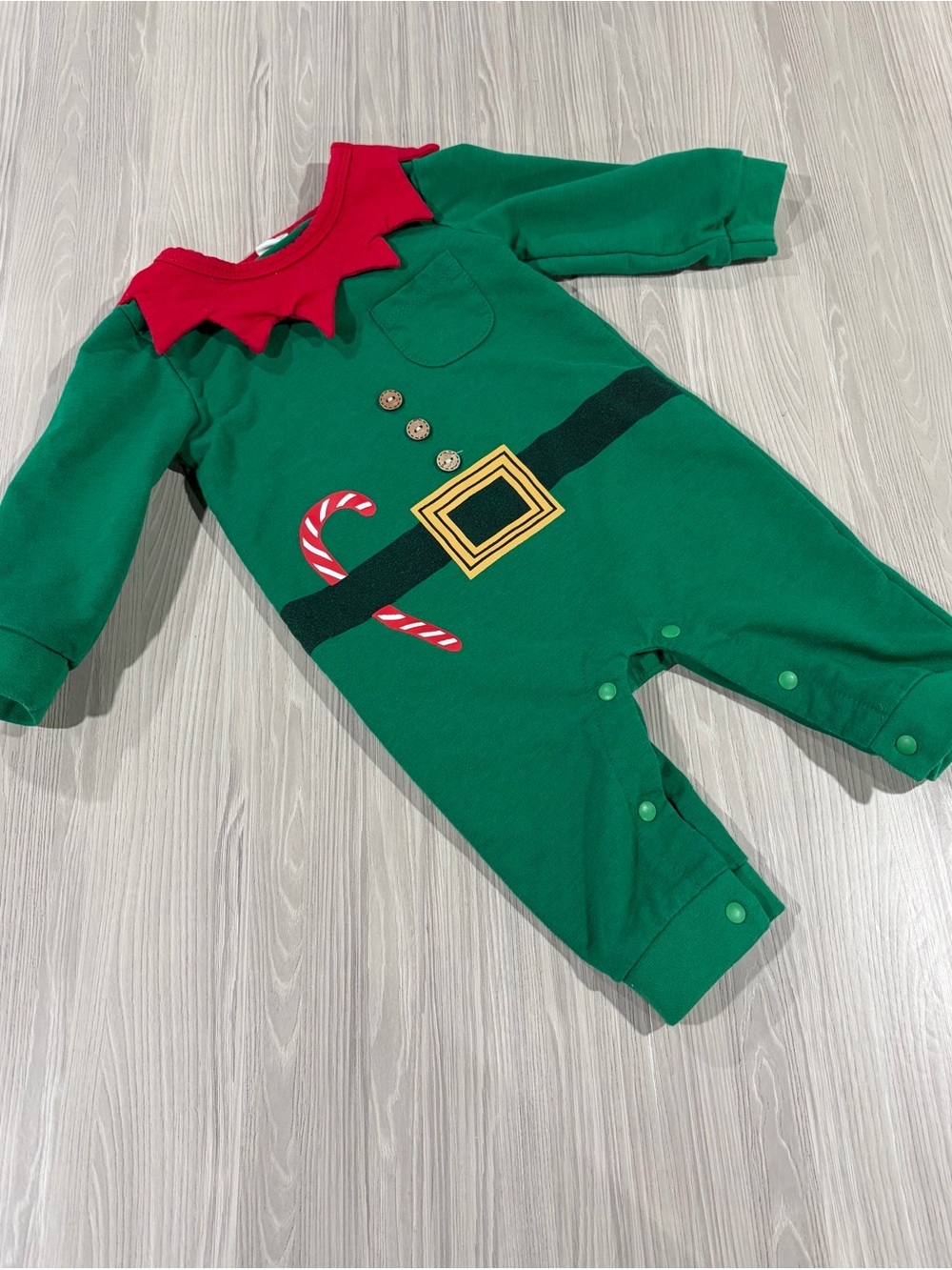 7/$20 Baby Festive One-Piece Elf Suit Christmas Red Collar Green Body